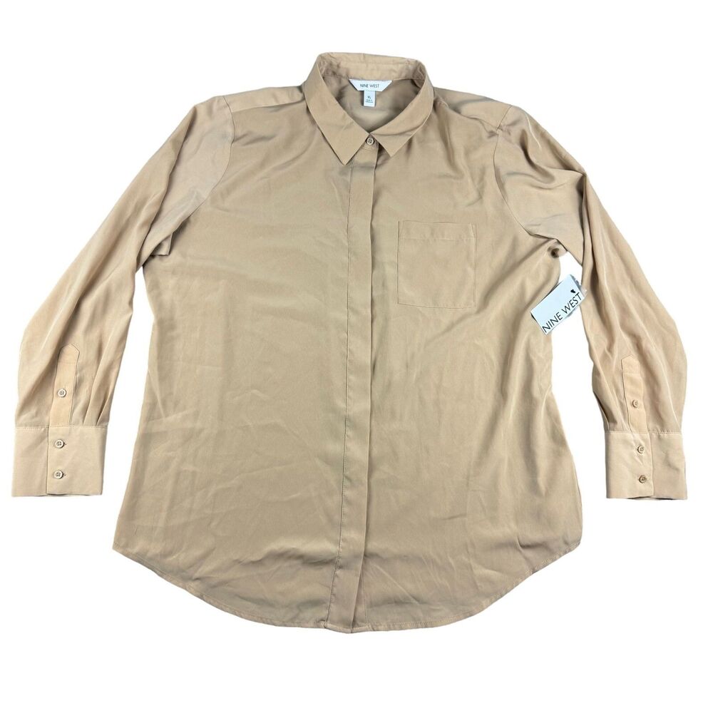Nine West Shirt Women's Extra Large Beige Long Sleeve Button Down Career Top NWT